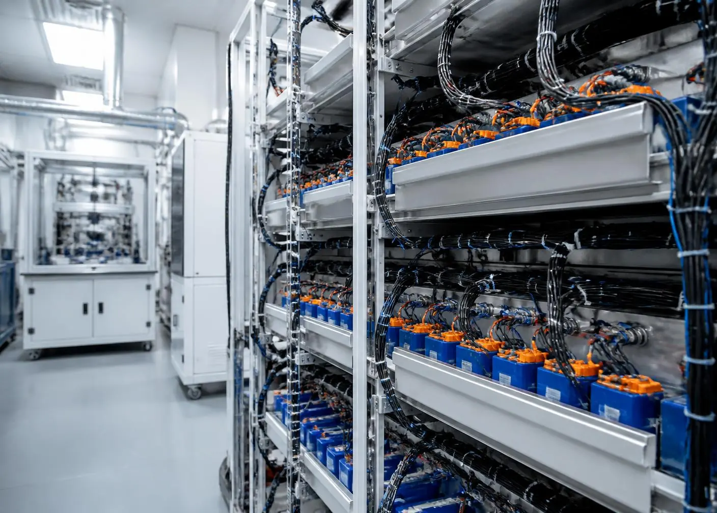 Racks of instrumented energy storage cells in a temperature-controlled test laboratory