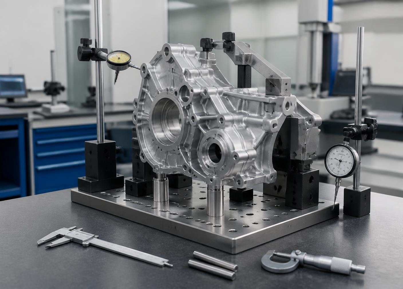 Cast prototype housing mounted on a precision inspection fixture with dial gauges