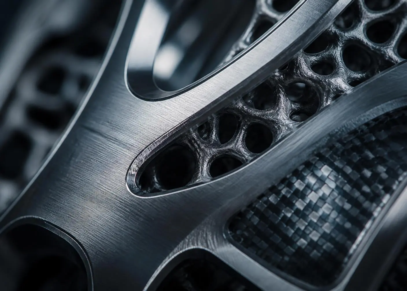 Macro view of an engineered metallic lattice structure with a composite weave insert