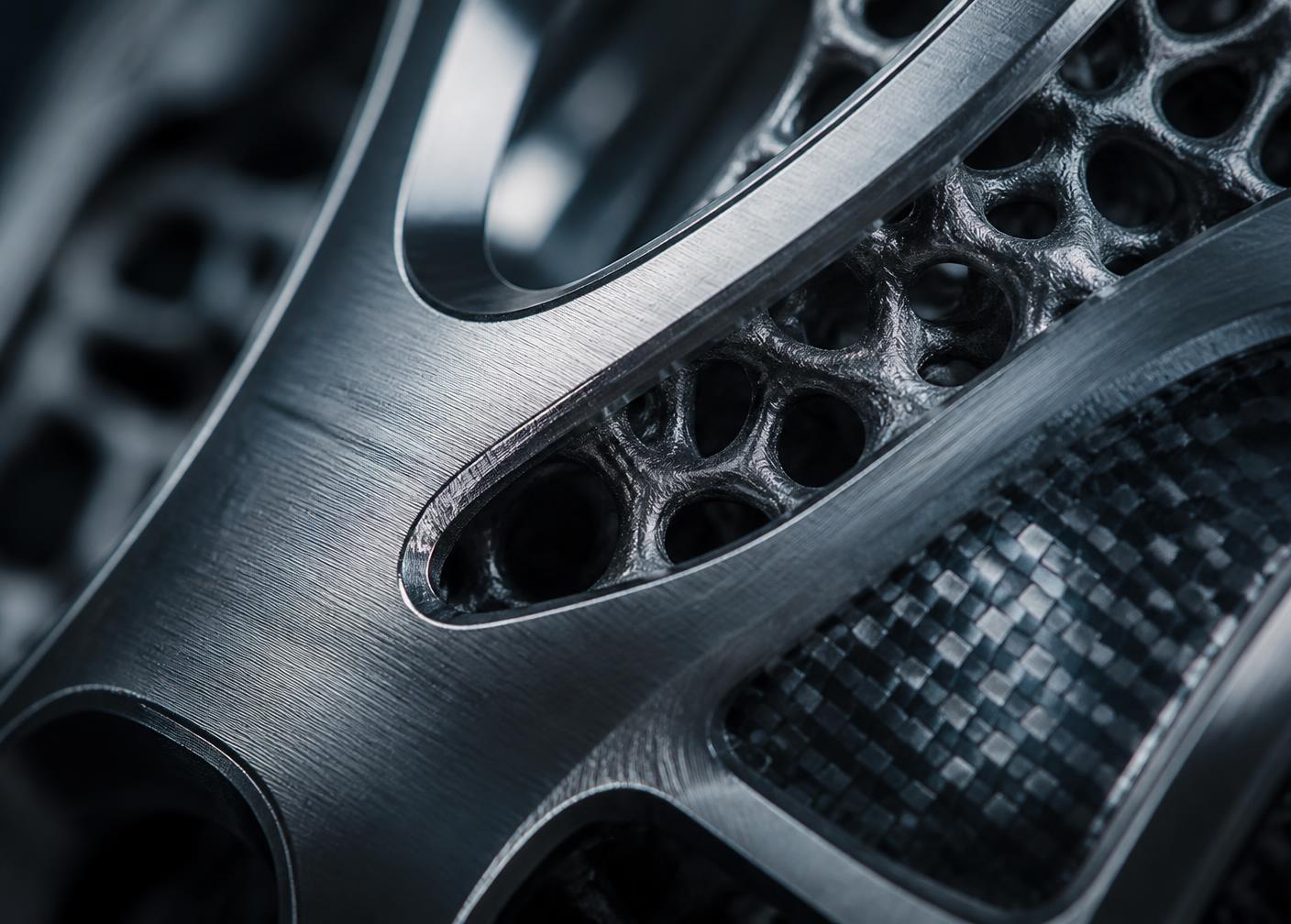 Macro view of an engineered metallic lattice structure with a composite weave insert
