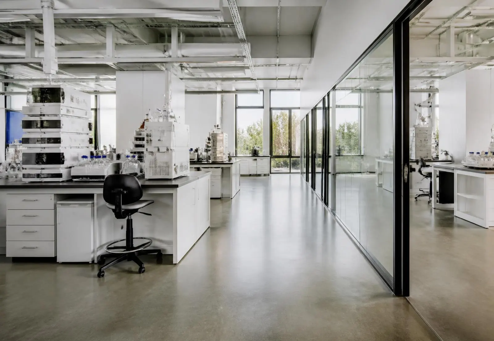 Interior of a bright modern research facility with laboratory benches and glazed partitions