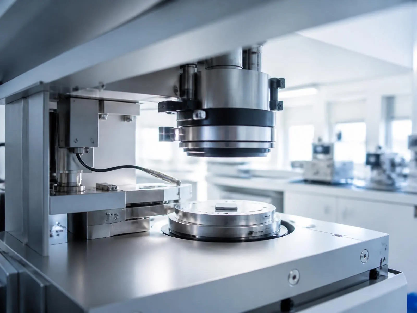 Analytical instrument positioned over a material sample stage